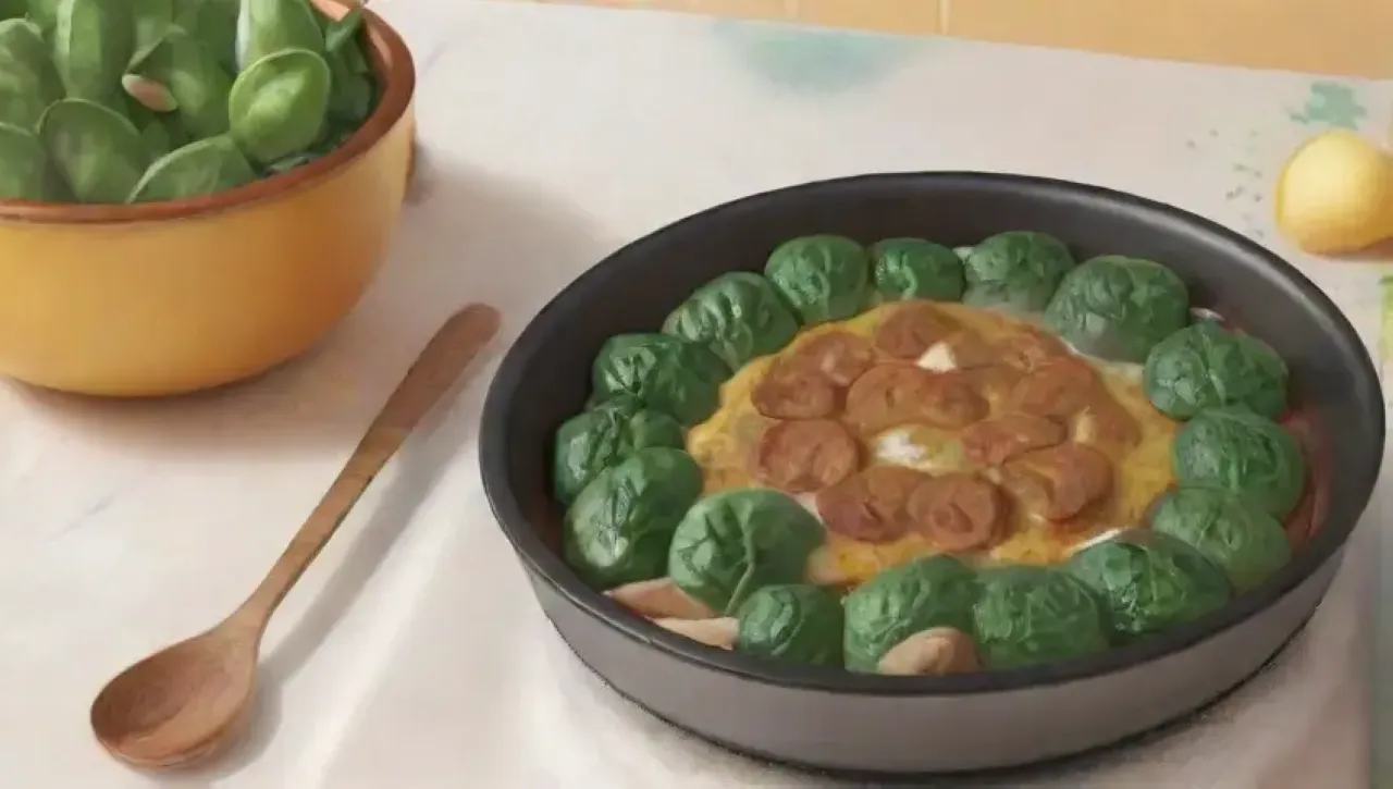 Un delicioso desayuno de omelet de espinacas y champiñones, servido con café en una acogedora cocina