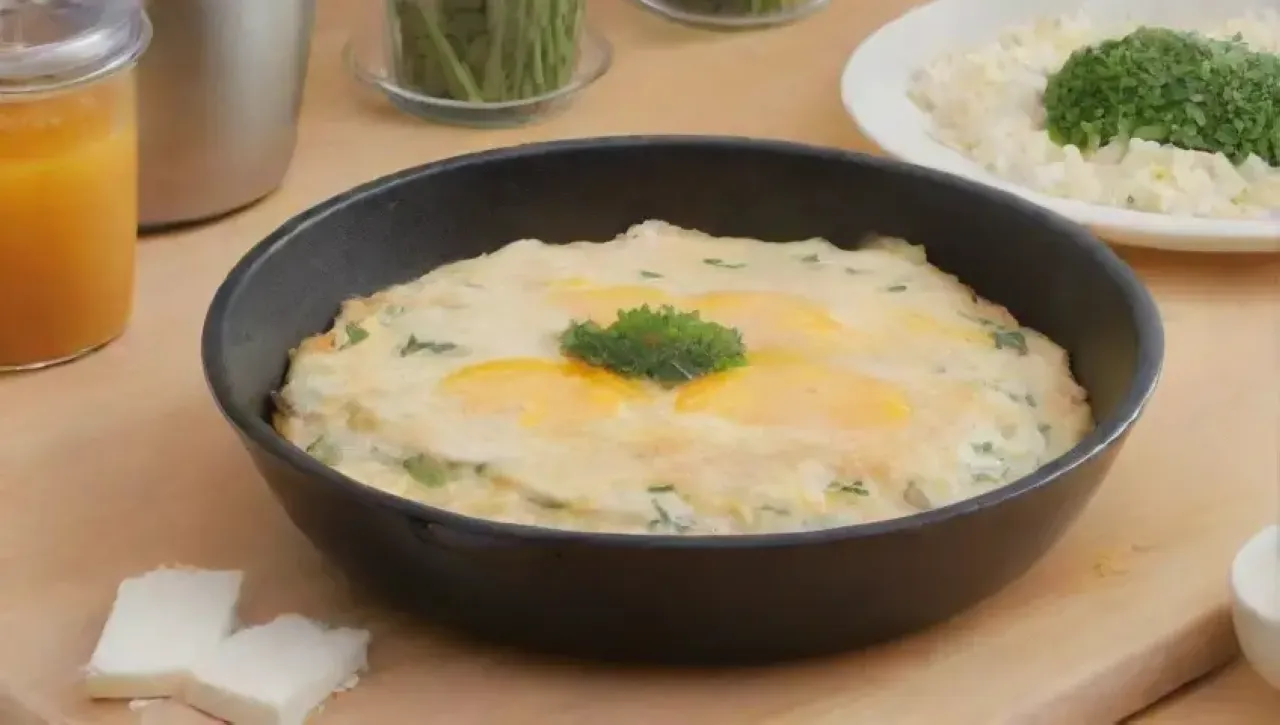 Cocina luminosa con ingredientes frescos y una deliciosa omelet lista para servir