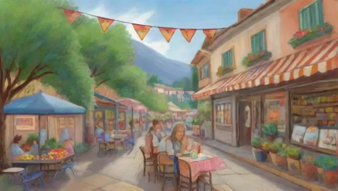 Un mural vibrante en una calle bulliciosa con un mercado colorido, aromas de comida y un ambiente acogedor que celebra la comunidad