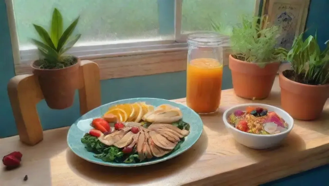 Una cocina acogedora y colorida llena de frutas, verduras, especias y un ambiente alegre