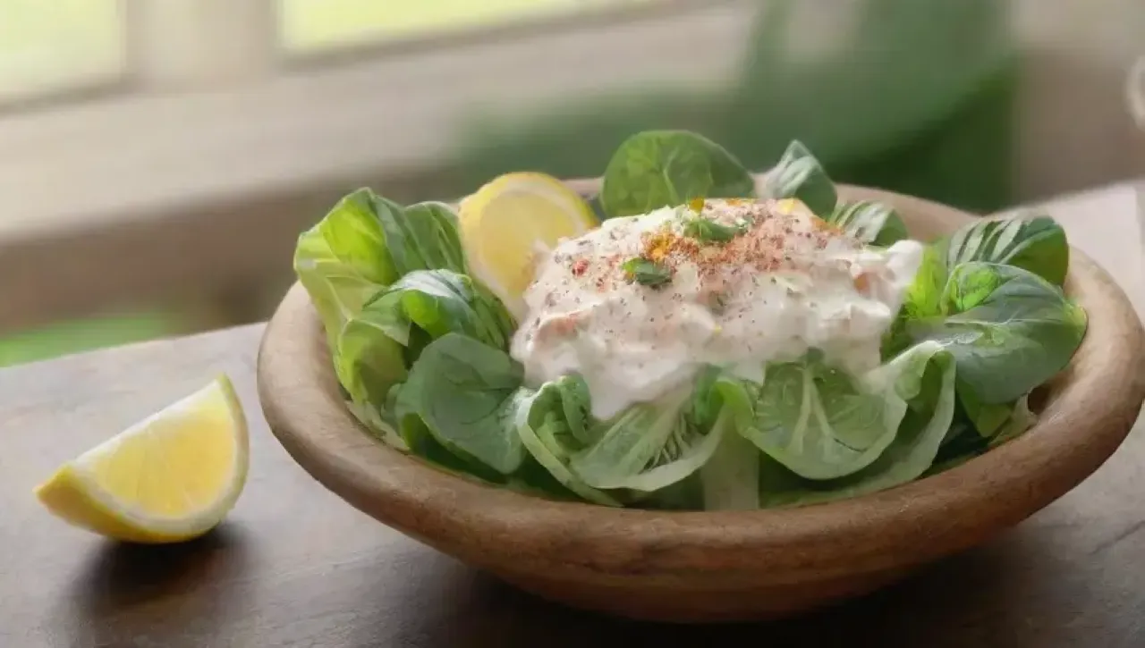 Una ensalada César vibrante y fresca en un tazón rústico, adornada con crutones, parmesano y hierbas, iluminada por la luz del sol