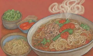 Fideos estirados a mano en un caldo vibrante con especias y verduras