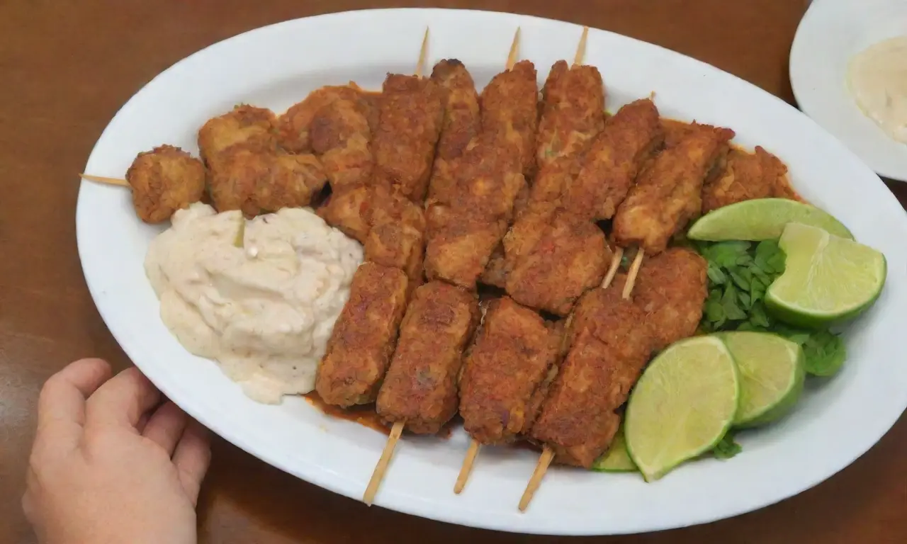 Ingredientes esenciales: pollo, pinchos, leche de coco, mantequilla de cacahuate, salsa de soja, ajo, jengibre, azúcar moreno, jugo de lima y chile en polvo