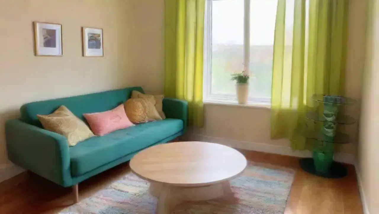 Una habitación serena y acogedora llena de luz, colores suaves, libros, plantas y música suave