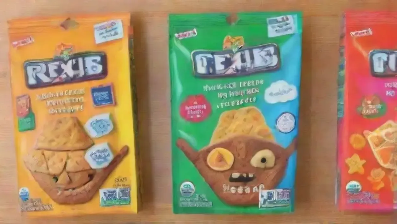 Paquetes de snacks coloridos y atractivos con advertencias de alérgenos y diseños amigables para niños