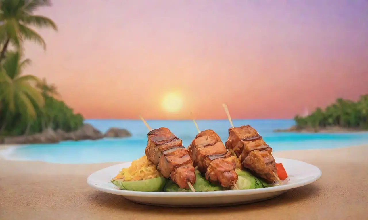 Colores vibrantes y satay jugoso en una playa tropical al atardecer