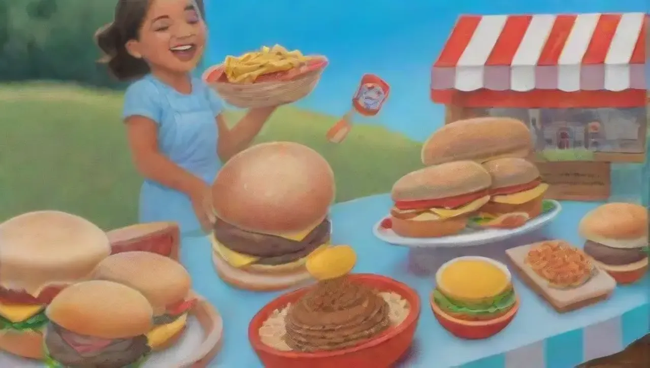 Un picnic alegre con hamburguesas, amigos, risas y color