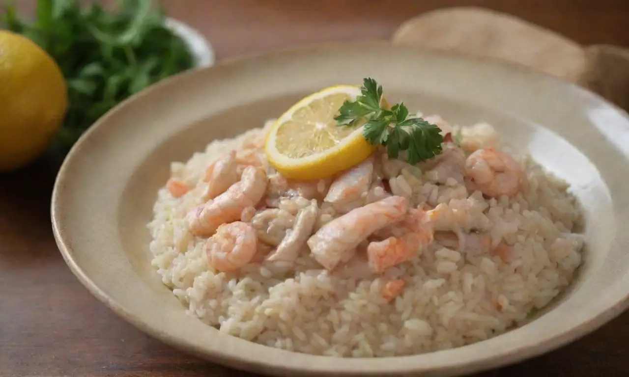 Ingredientes clave: arroz cremoso, mariscos frescos, caldo rico, hierbas aromáticas, cebolla salteada, queso rallado, verduras locales, limón ácido y especias tradicionales