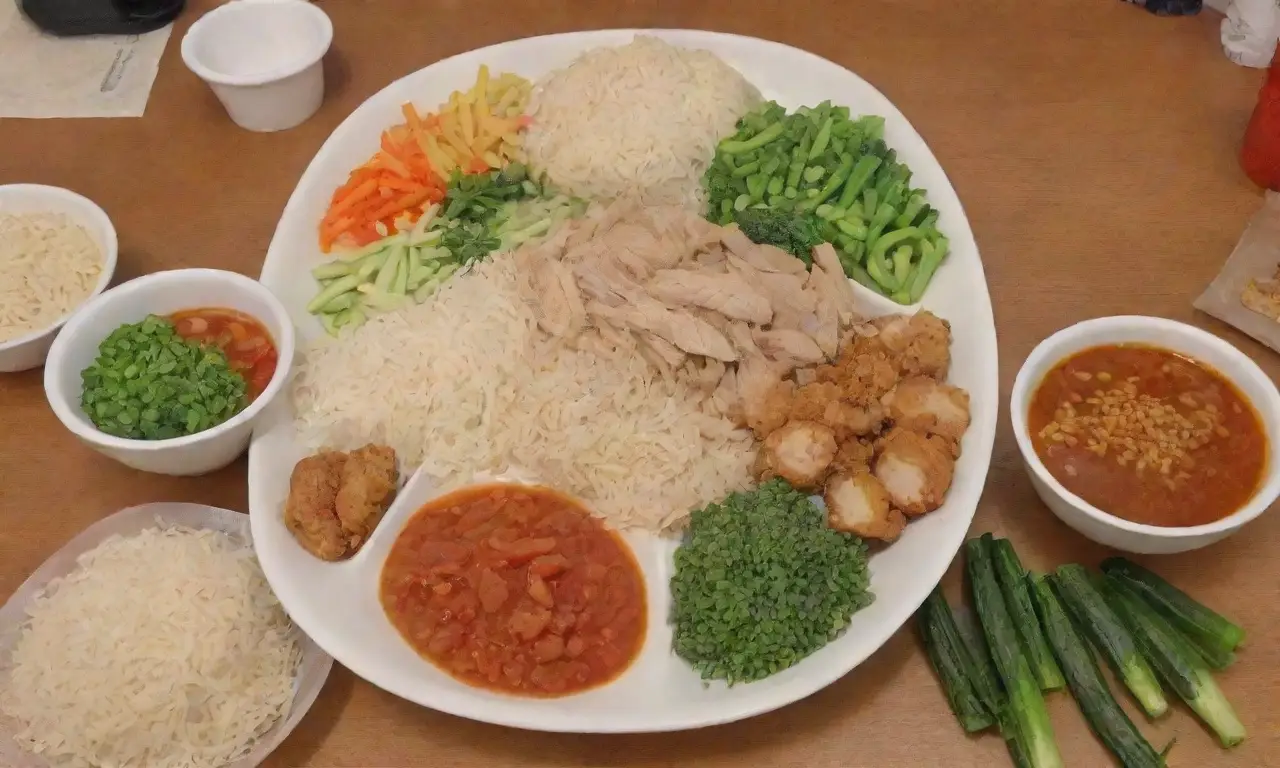 Ingredientes listos: verduras frescas, fideos de arroz, salsa de soja, ajo picado, pollo en rodajas y aceite caliente