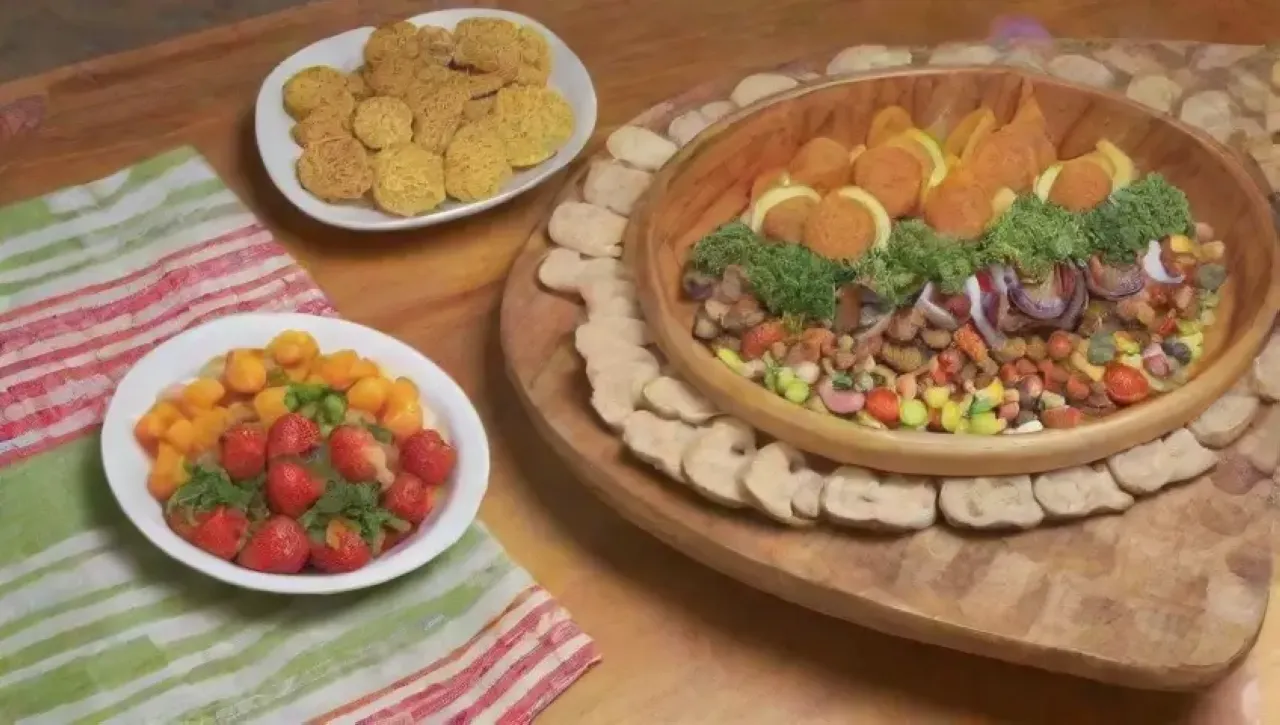Una fiesta vibrante y alegre con comida vegana, decoración colorida y risas
