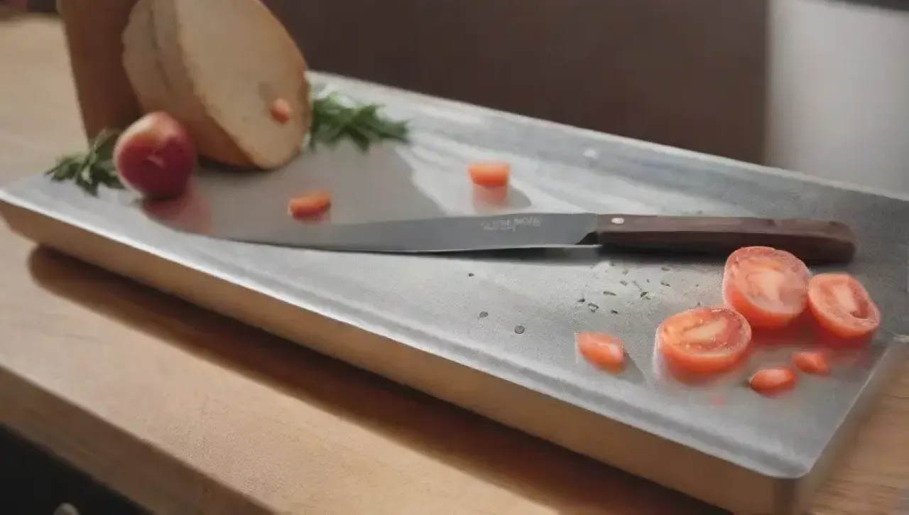 Una cocina elegante con cuchillos brillantes, vegetales frescos y un ambiente acogedor