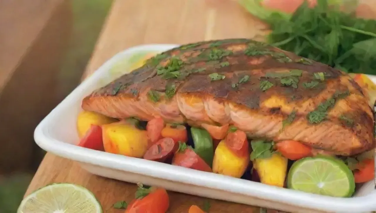 Una colorida reunión de amigos disfrutando de salmón a la parrilla con mango y salsa