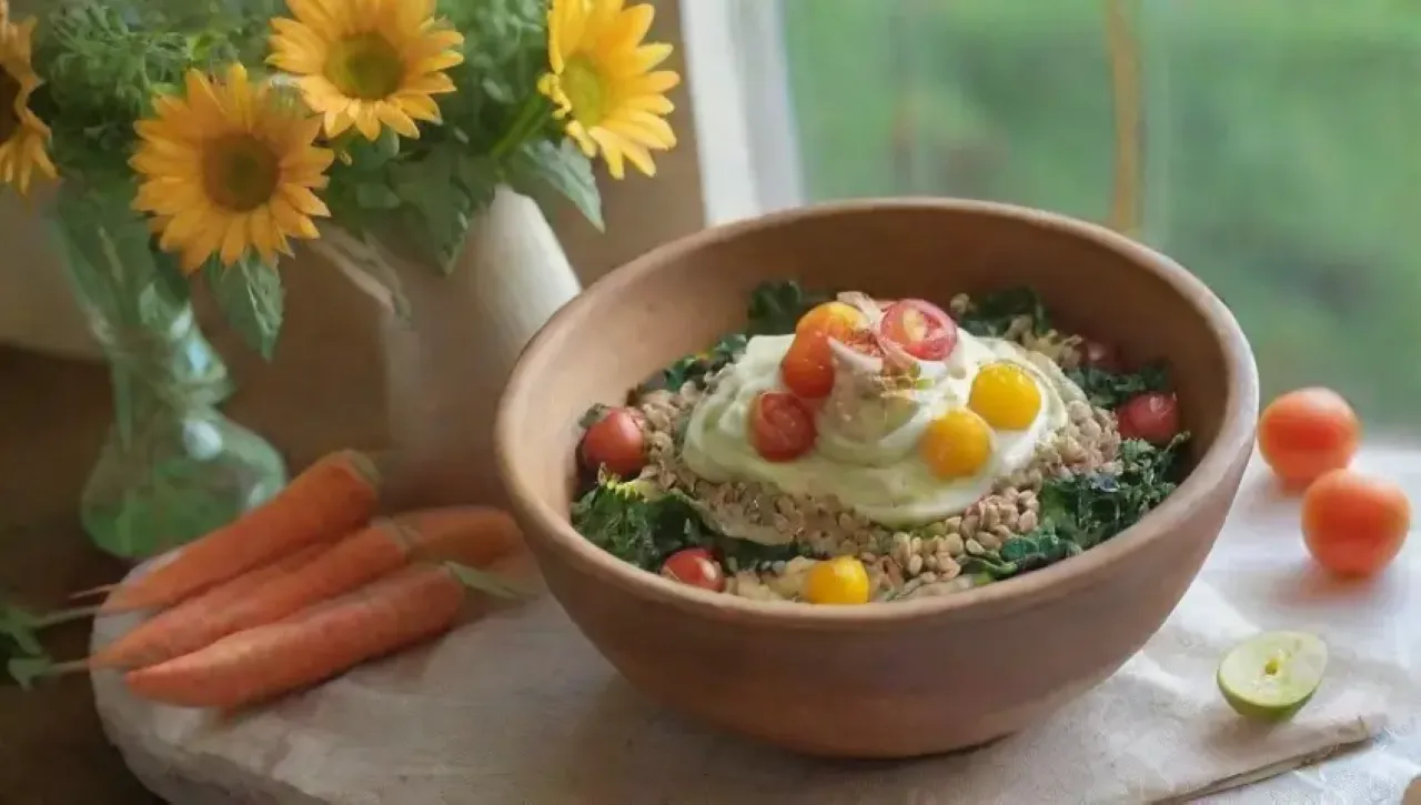En un acogedor ambiente de cocina, se presenta una colorida y saludable ensalada con ingredientes frescos y vibrantes