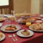Una mesa colorida y acogedora con platos tradicionales y símbolos culturales en una reunión familiar