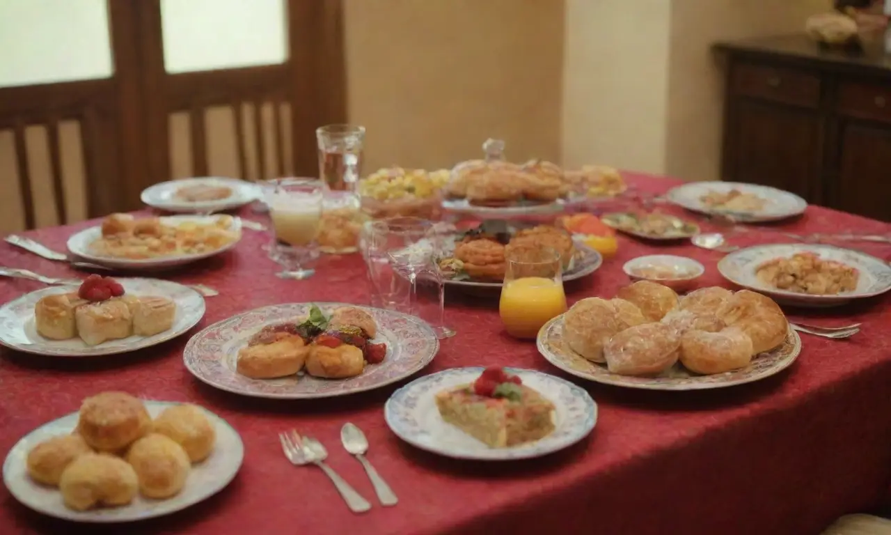 Una mesa colorida y acogedora con platos tradicionales y símbolos culturales en una reunión familiar