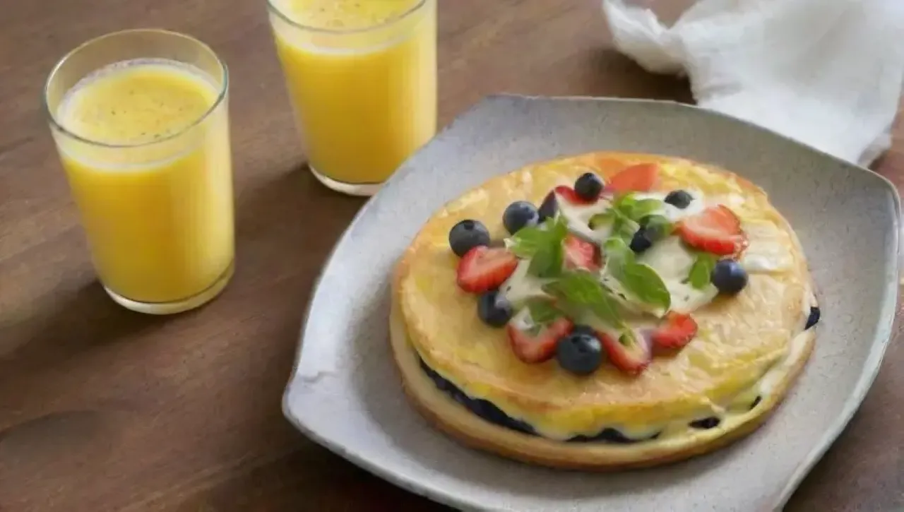 Desayuno vibrante con omelet, queso de cabra, arándanos, hierbas frescas y café humeante