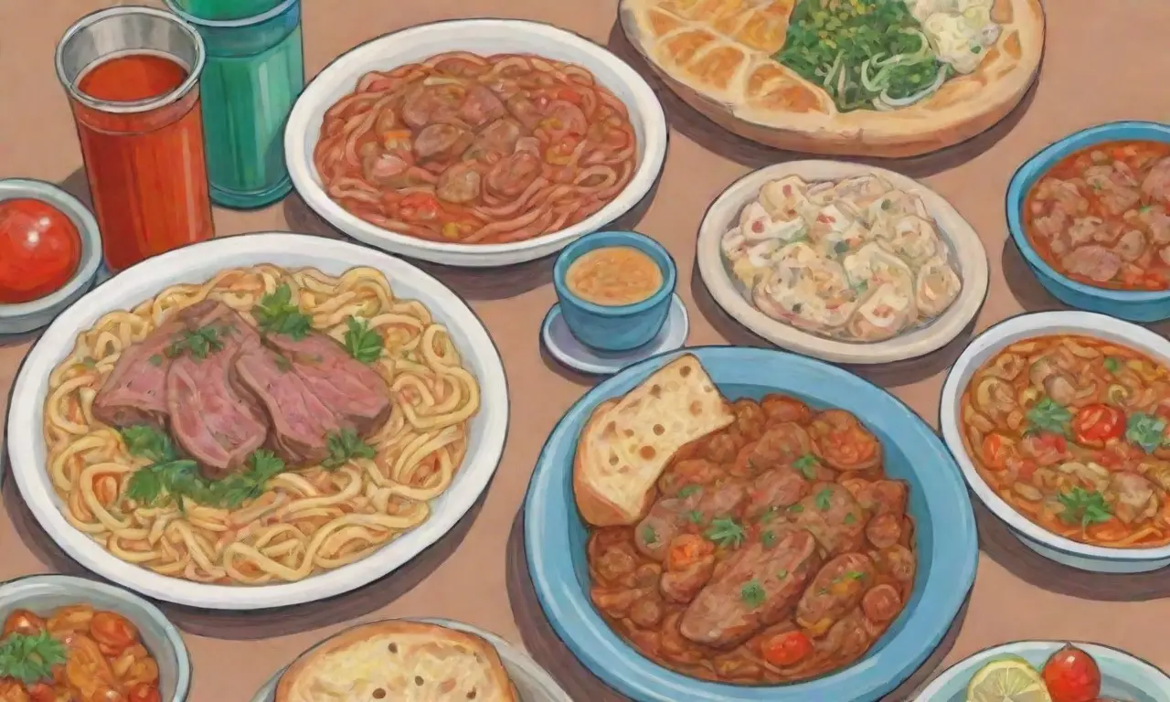 Platos coloridos de la cocina maltesa con pasta, carne y verduras frescas