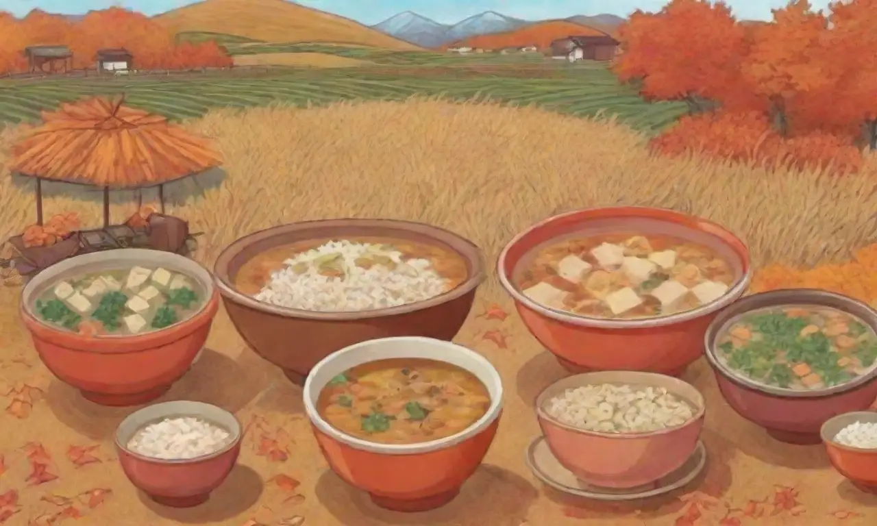 Sopa miso colorida con tofu en un ambiente cálido de festival de cosecha y hojas de otoño