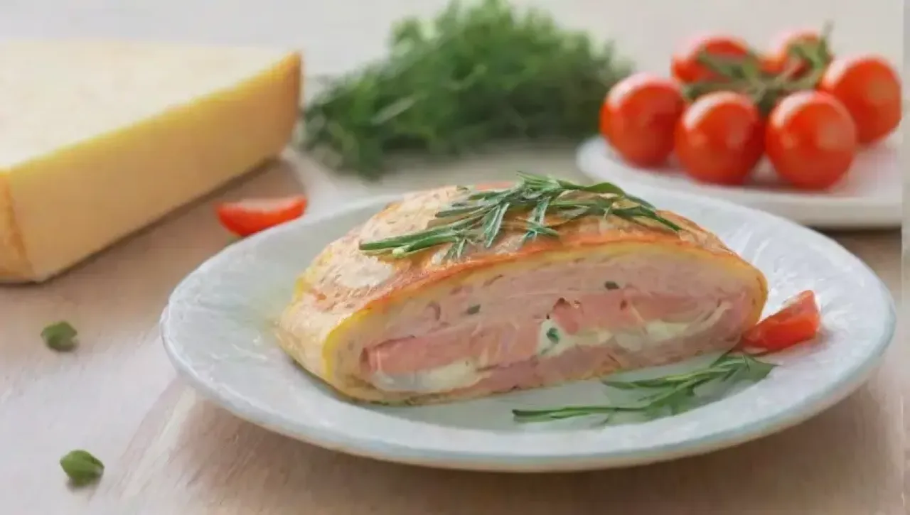 Presentación gourmet de un omelet elegante con salmón, chives, tomates y arúgula en un ambiente acogedor
