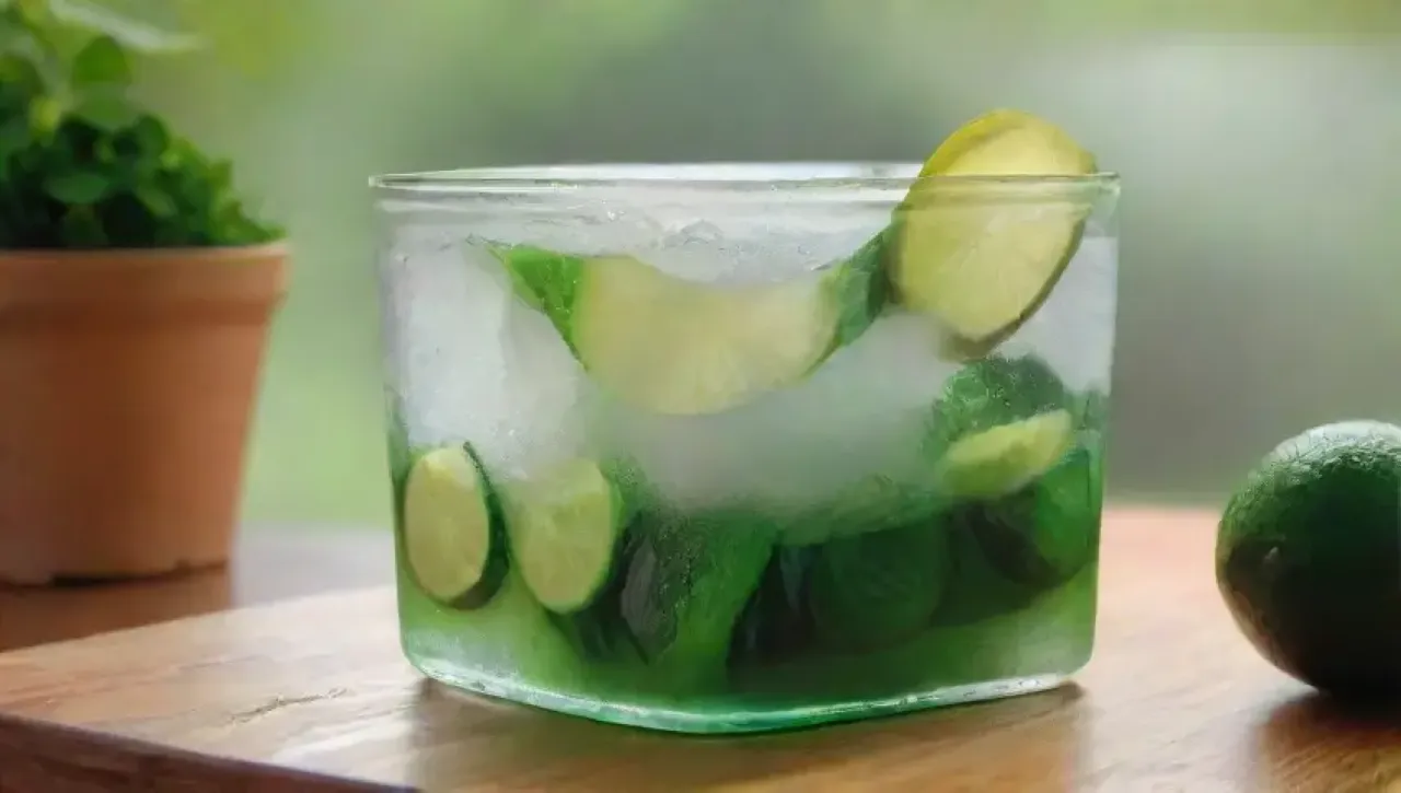 Un refrescante y colorido arreglo de limones, pepinos y agua helada en una cocina soleada