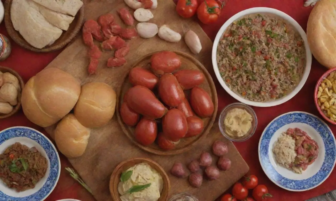 Fondo festivo serbio con platos tradicionales, ingredientes coloridos y banderas del Día de la Independencia