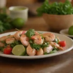 Colores vibrantes y mariscos frescos con lima y cilantro en una mesa rústica