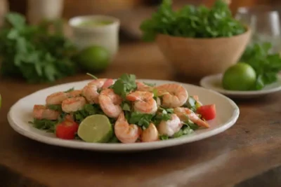 Colores vibrantes y mariscos frescos con lima y cilantro en una mesa rústica