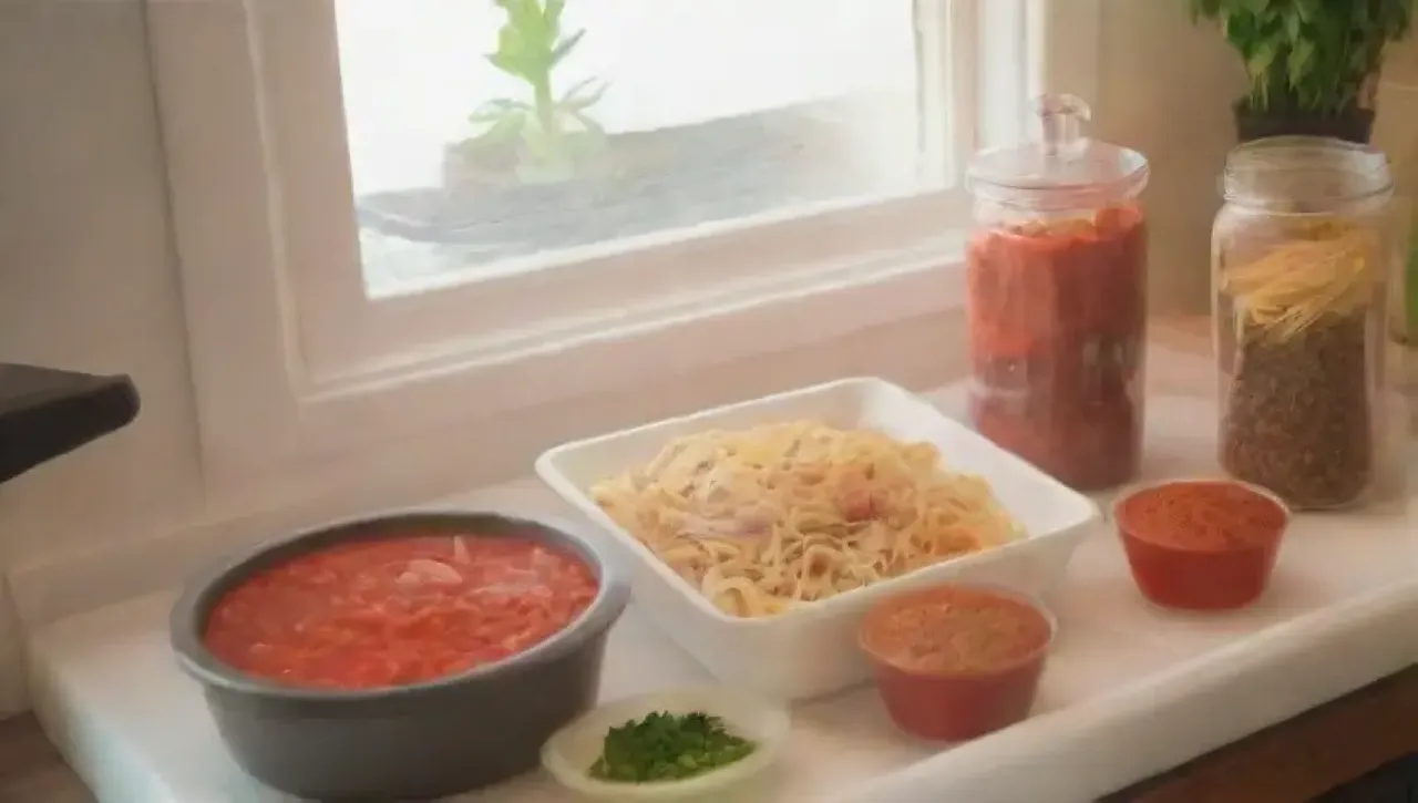 Una cocina vibrante y acogedora llena de ingredientes frescos y utensilios listos para cocinar