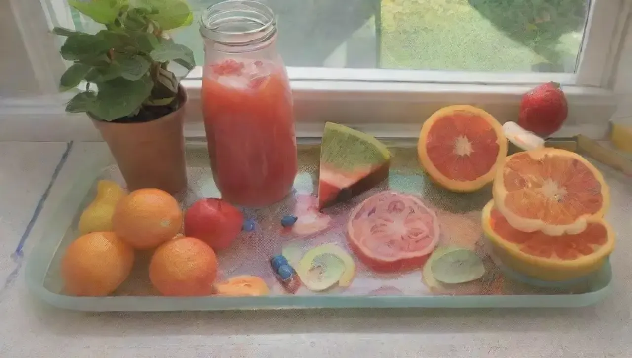 Una cocina luminosa y alegre con frutas frescas y agua burbujeante