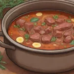 Caldo de res tradicional con hierbas letonas en una cocina acogedora