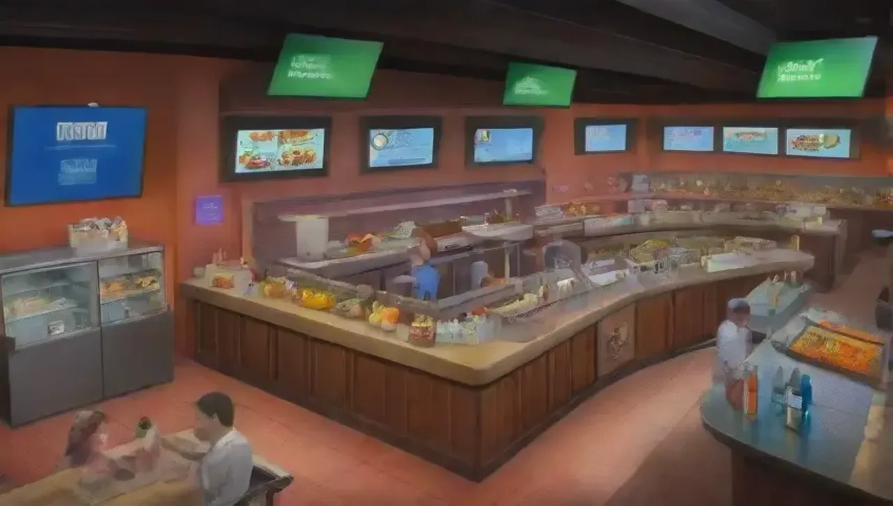 Un restaurante moderno y bullicioso con tecnología avanzada y un ambiente vibrante