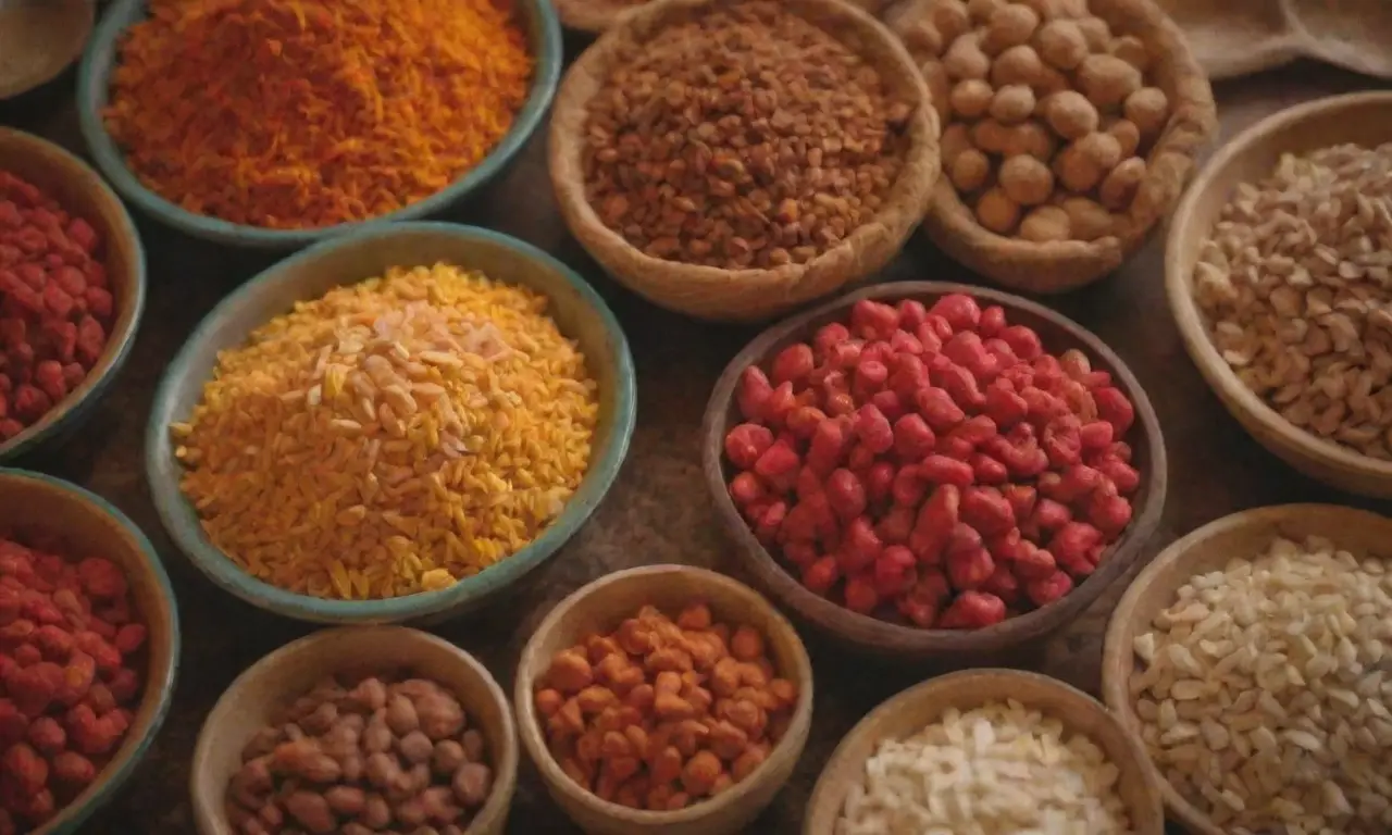 Ingredientes clave, fondo Kukhshar, sabores kazajos, colores vibrantes y patrones tradicionales