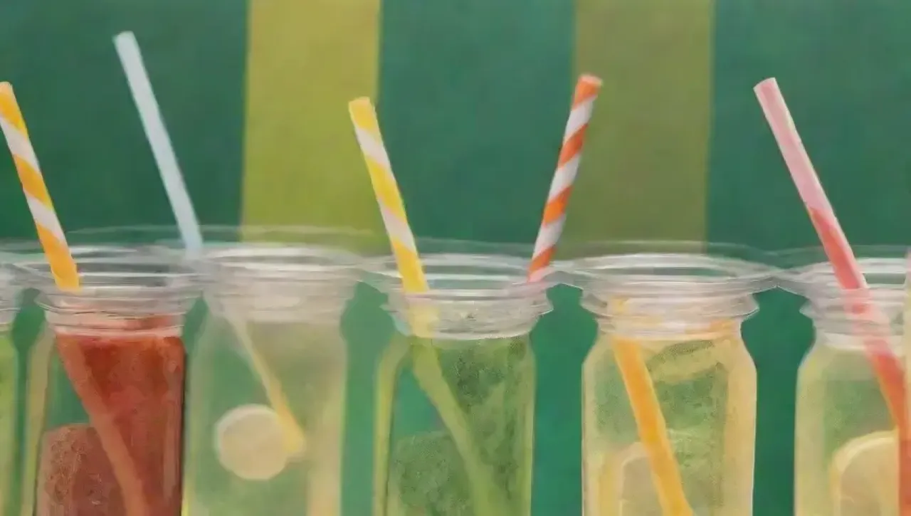 Escena veraniega alegre con fondo verde, burbujas, botellas de soda vintage y colores vibrantes