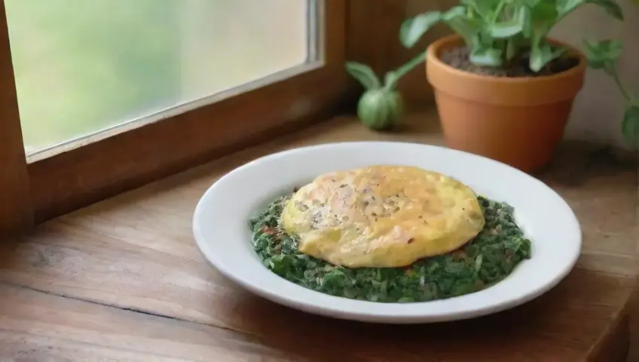 Un acogedor desayuno colorido con espinacas, garbanzos, omelet y jugo de naranja