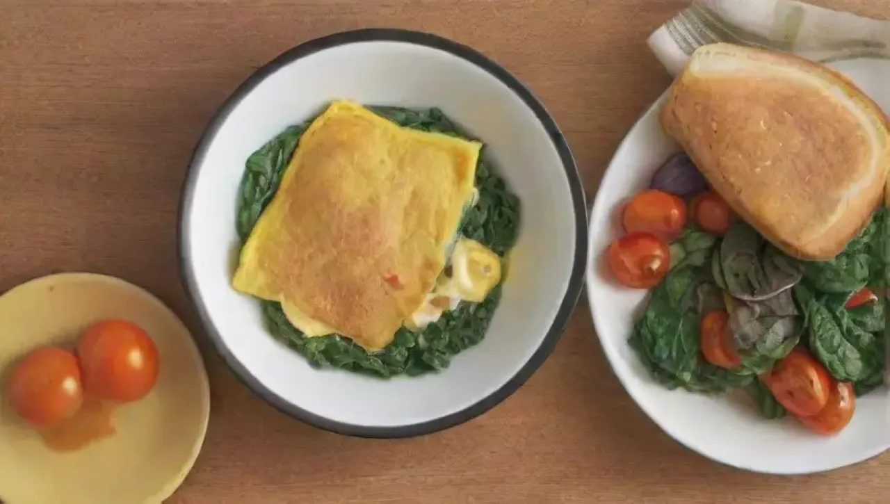 Desayuno colorido con omelet amarillo, tofu, espinacas, pimientos, aceite de oliva y café en una mesa rústica