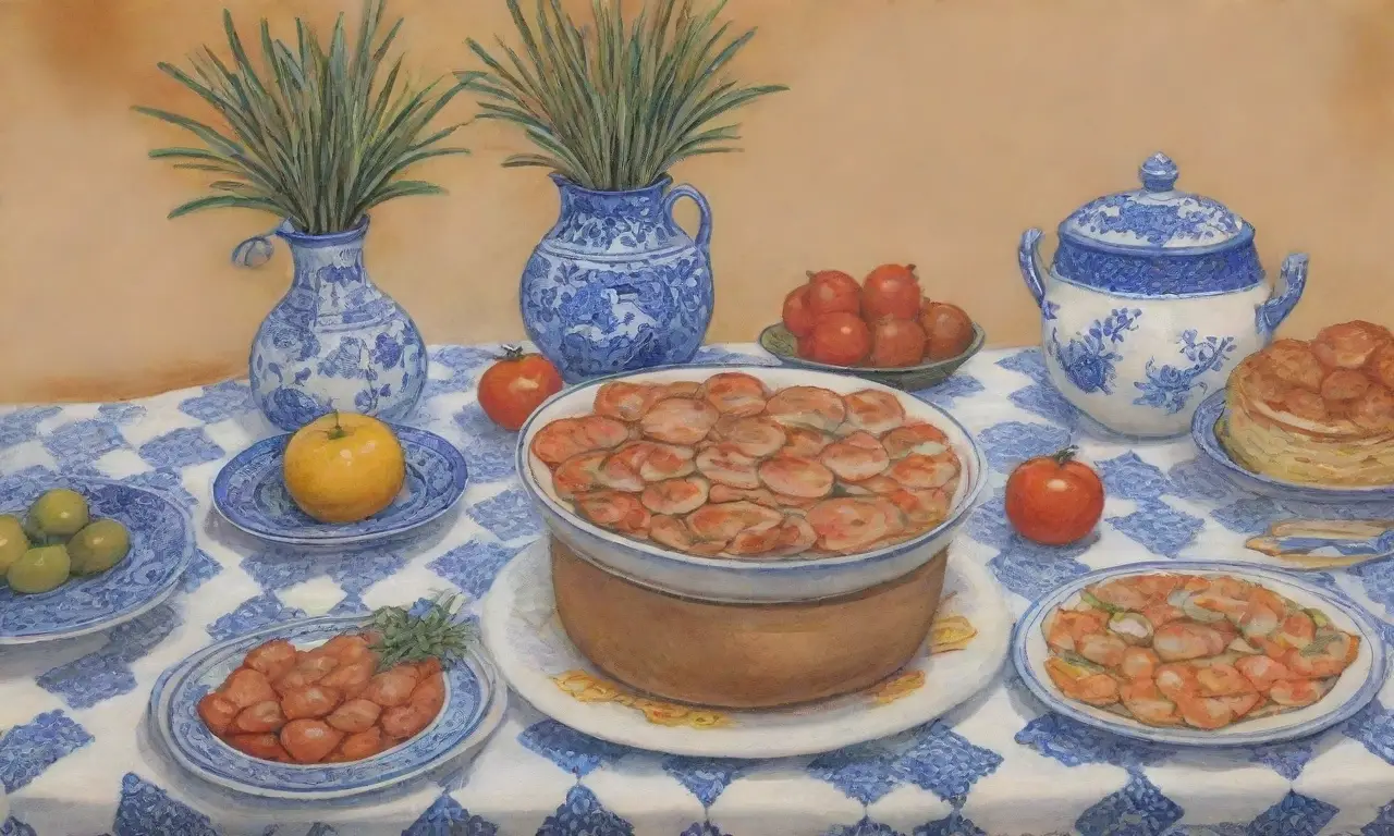 Mesa portuguesa con azulejos, platos coloridos, decoración marina, velas, mantel rústico y toques de fado