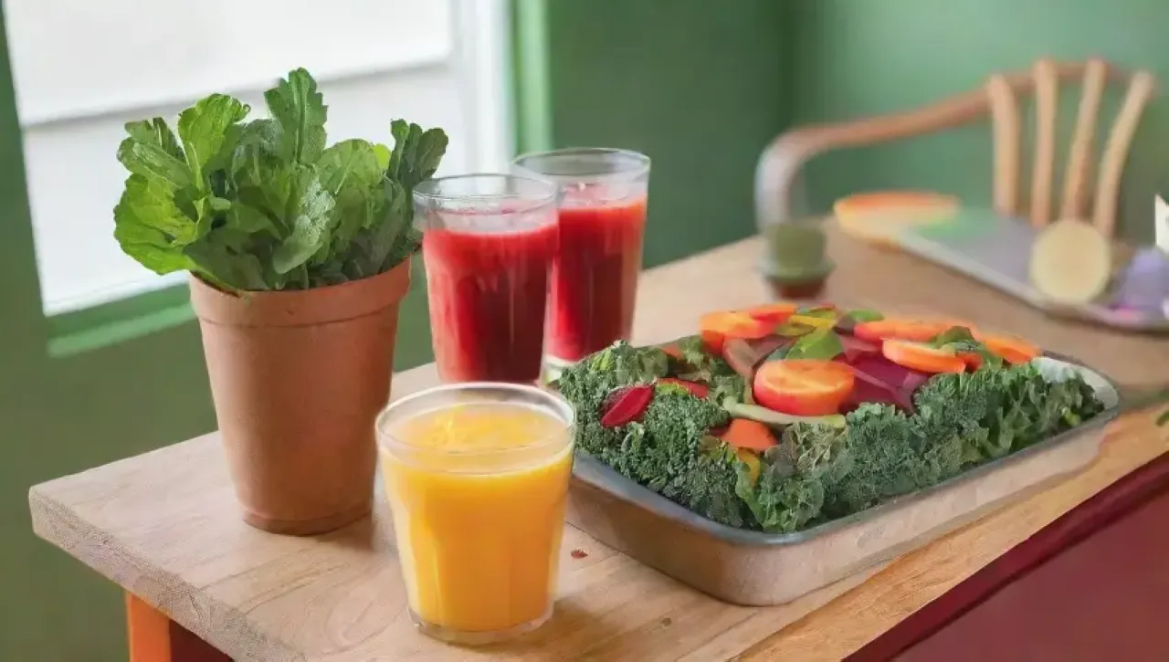 Una cocina acogedora llena de ingredientes frescos y coloridos para jugos saludables