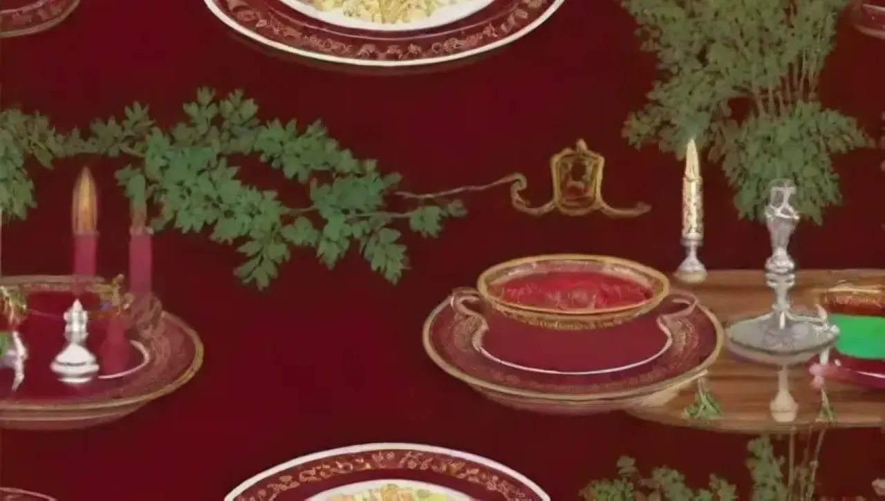 Una lujosa experiencia gastronómica con elegantes detalles en rojo, oro y texturas suaves
