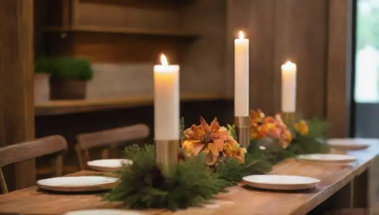 Ambiente elegante y acogedor con muebles de madera, iluminación suave y decoraciones artísticas