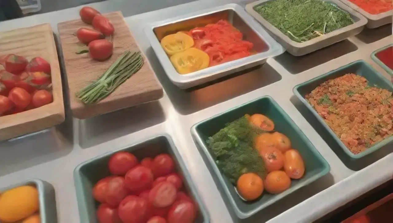 Escena de cocina vibrante con ingredientes frescos y herramientas ordenadas en un ambiente acogedor