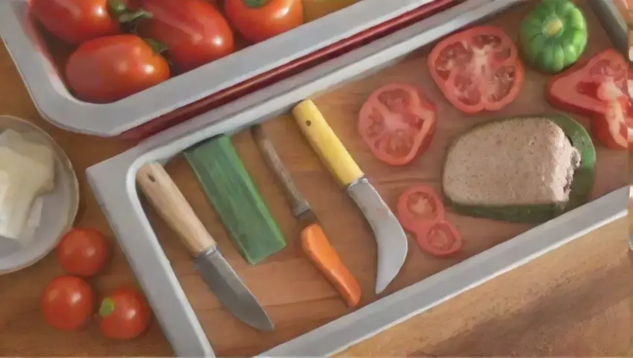 Una cocina vibrante con cuchillos brillantes, verduras frescas y un ambiente culinario armonioso