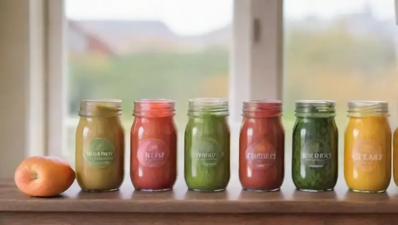 Una cocina vibrante y acogedora llena de frutas, hierbas frescas y fermentación