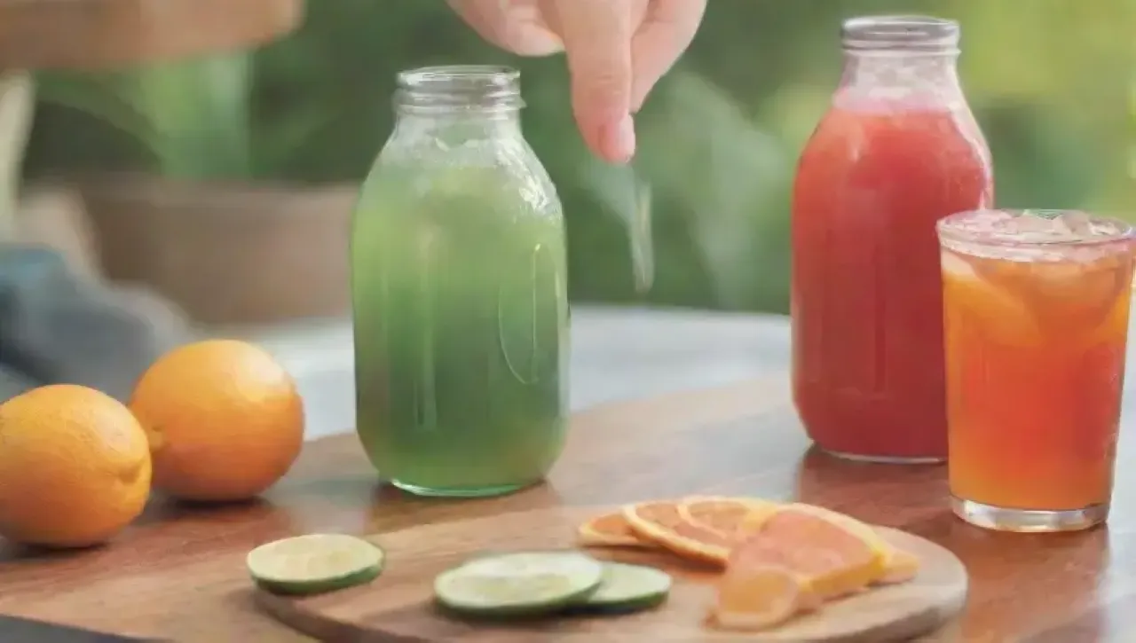 Una alegre reunión de amigos disfrutando de refrescantes bebidas de frutas en un entorno soleado
