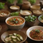 Platos tailandeses coloridos y exóticos con ingredientes vibrantes en un ambiente acogedor
