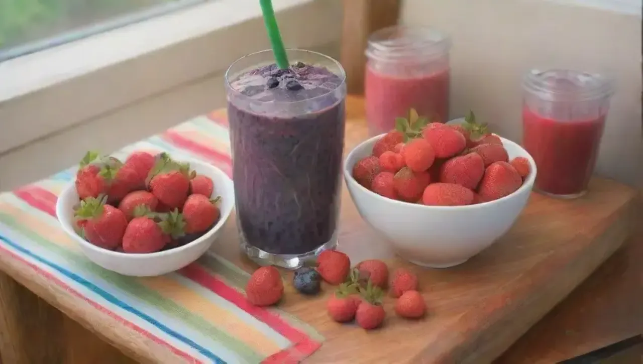 Un smoothie rojo y fresco rodeado de frutas y un ambiente alegre