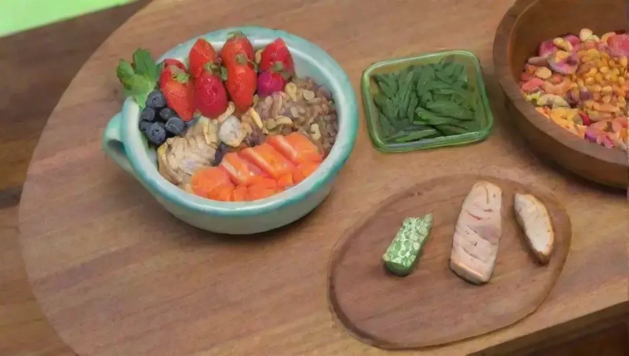 Una cocina serena llena de alimentos coloridos y saludables, donde una familia comparte momentos de alegría