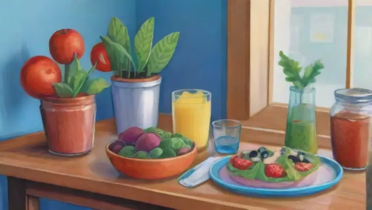 Una cocina serena y acogedora, llena de luz, frutas, té y un ambiente de paz