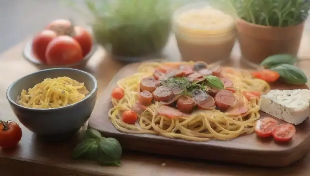 Una escena vibrante en la cocina con pasta, queso, vino y una familia celebrando