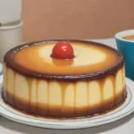 Escena vibrante de cocina con flan delicioso y colores de la bandera cubana