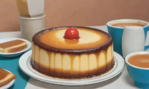 Escena vibrante de cocina con flan delicioso y colores de la bandera cubana